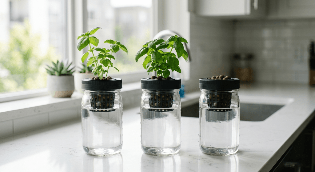Three wide-mouth mason jars with opaque Kratky hydroponic lids growing basil seedlings on an apartment kitchen counter