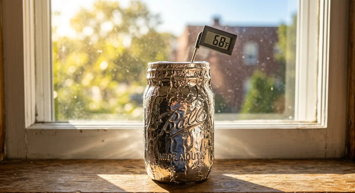 Wide-mouth mason jar hydroponic setup wrapped in reflective foil with a digital thermometer showing safe water temperature on a sunny apartment windowsill