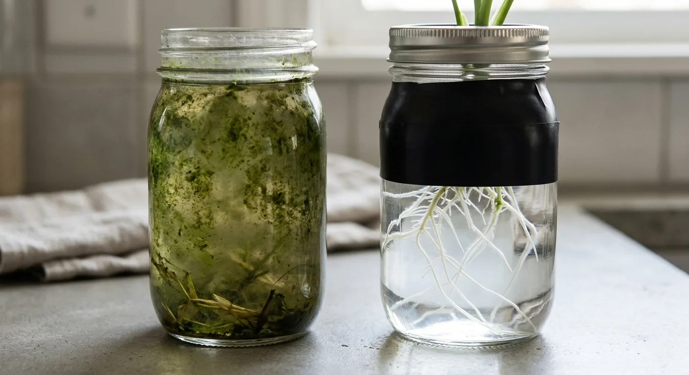 Side by side comparison of a mason jar with algae from light leaks on the left and a clean mason jar with black electrical tape wrapped around it to block light on the right