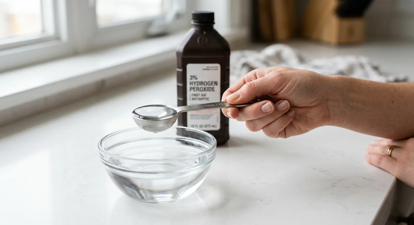 Feminine hand holding a level measuring teaspoon of clear 3 percent hydrogen peroxide over a glass mixing bowl of water with a pharmacy peroxide bottle blurred in the background
