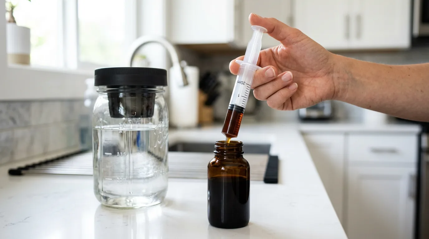 A hand using a 20ml plastic syringe to measure cal-mag supplement before adding it to a mason jar Kratky hydroponic reservoir with clear nutrient water