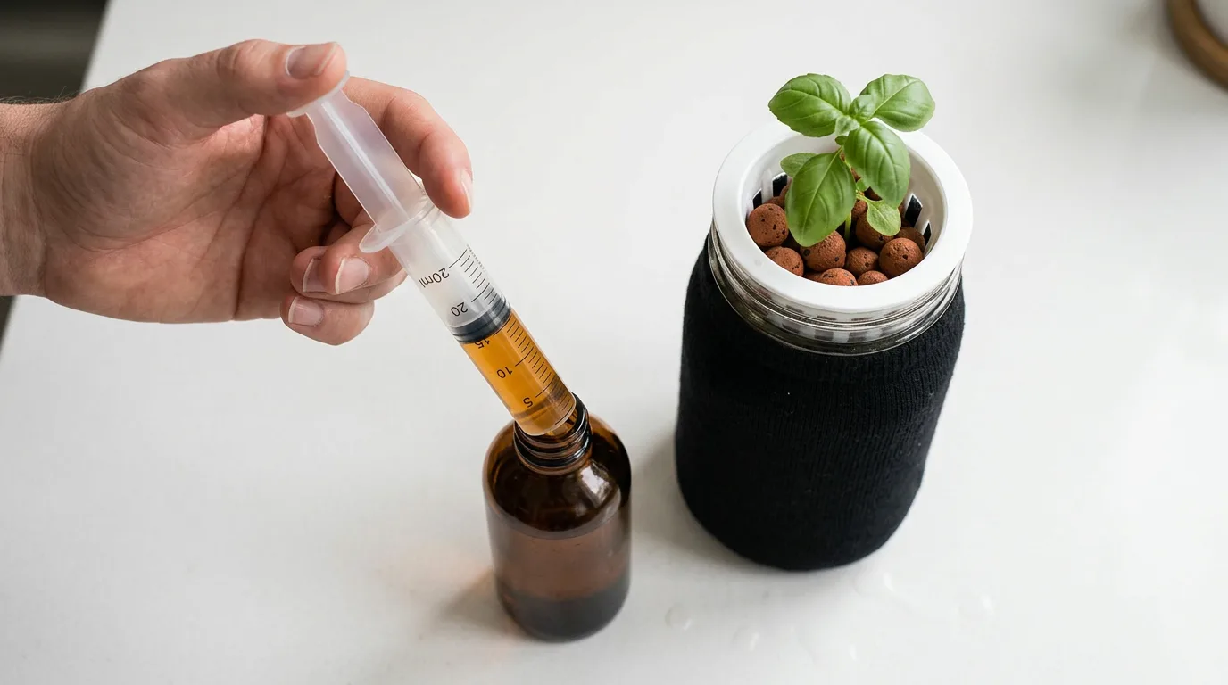 Clear plastic syringe drawing liquid nutrients from a small bottle next to a hydroponic mason jar