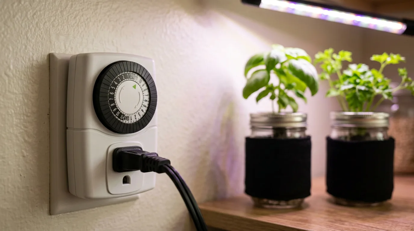White mechanical plug-in timer connected to a grow light power cord on an apartment shelf
