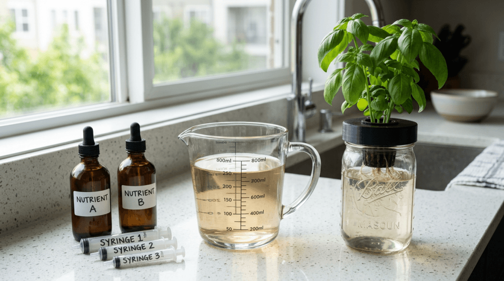 A glass measuring pitcher with nutrient solution, two Part A and Part B bottles, and labeled plastic syringes on an apartment kitchen counter next to a Kratky mason jar