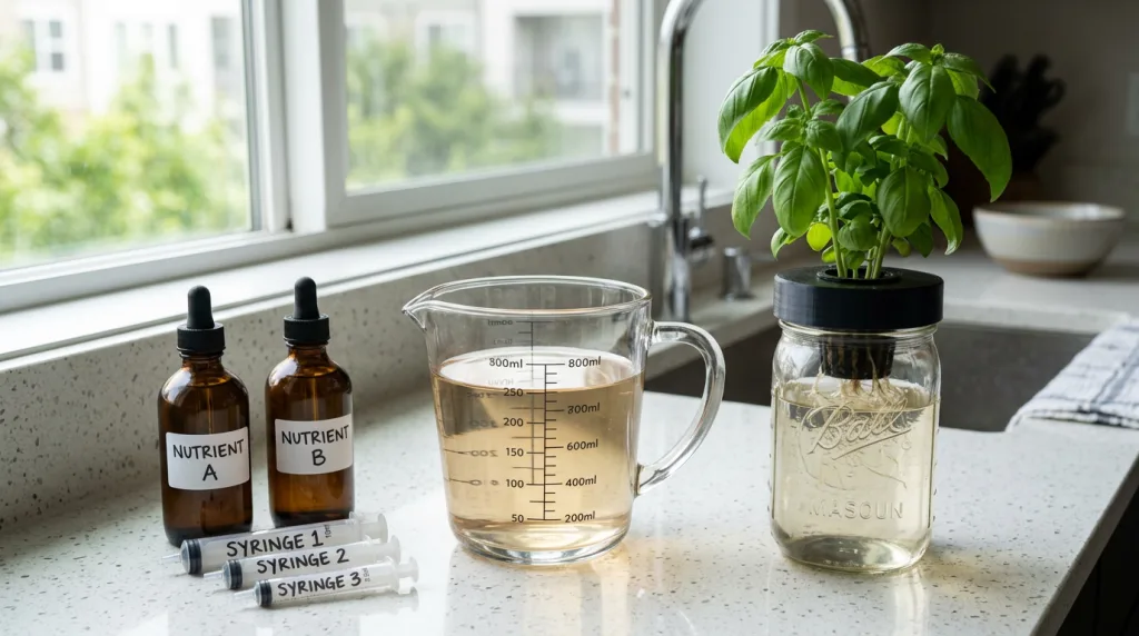 A glass measuring pitcher with nutrient solution, two Part A and Part B bottles, and labeled plastic syringes on an apartment kitchen counter next to a Kratky mason jar
