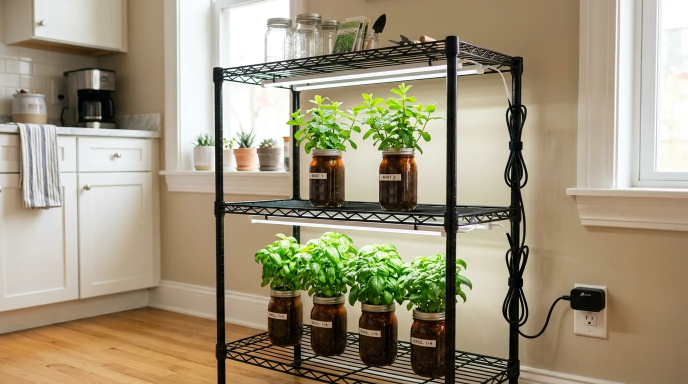Vertical wire rack with LED grow lights mounted on two shelf levels for apartment hydroponics