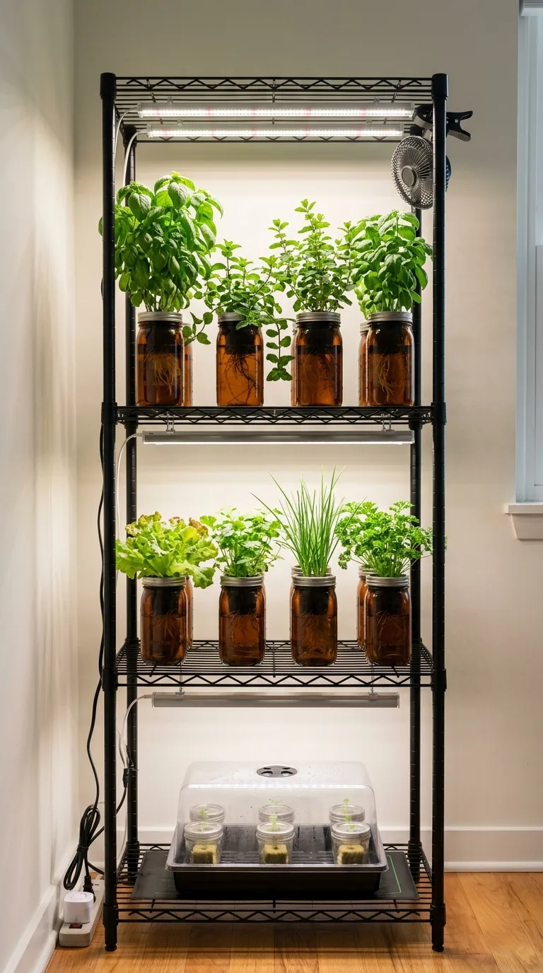 Eye-level view of a three-tier wire rack hydroponic herb shelf with a separate LED grow light on each level holding mason jars of basil, lettuce, and seedlings in a small apartment corner