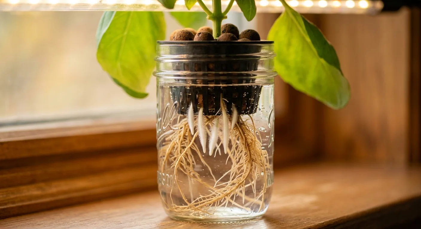 Close-up of new bright white fuzzy root tips emerging from the stem base of a recovering hydroponic herb plant above older tan roots after a successful hydrogen peroxide root rot treatment