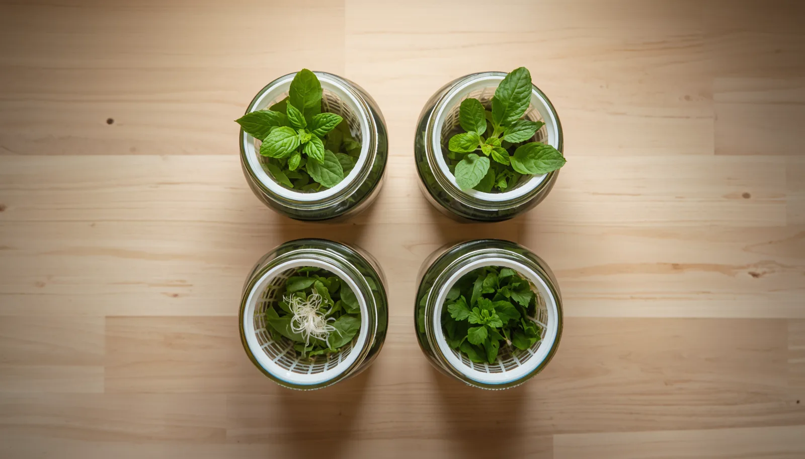 Four hydroponic mason jars with net cup lids growing basil mint lettuce and parsley under a grow light