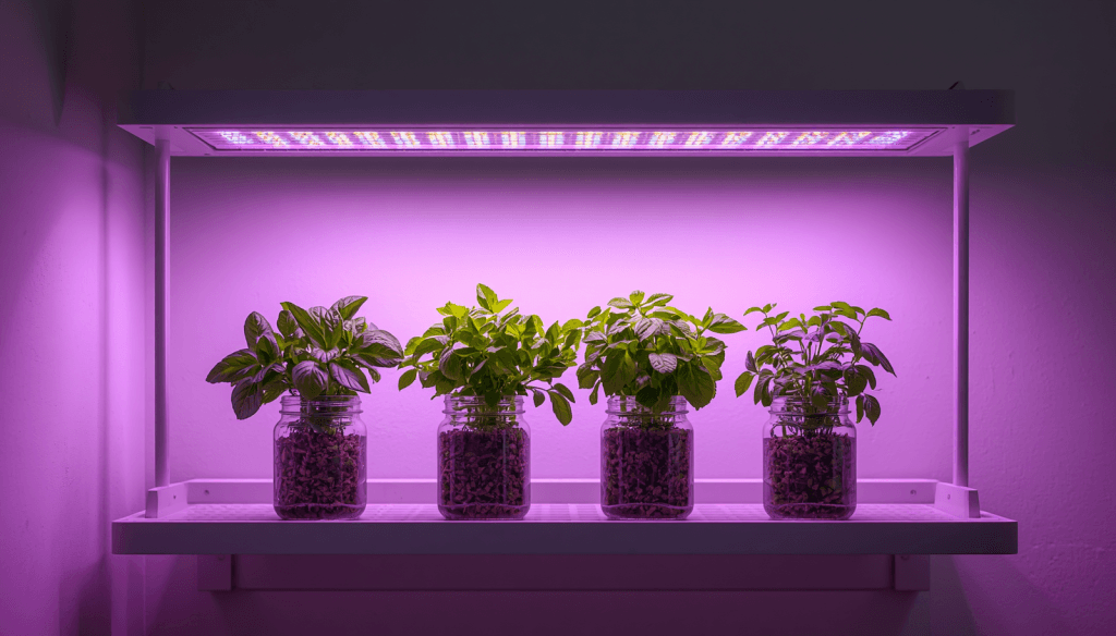 LED grow light panel positioned above hydroponic herb shelf in a small apartment