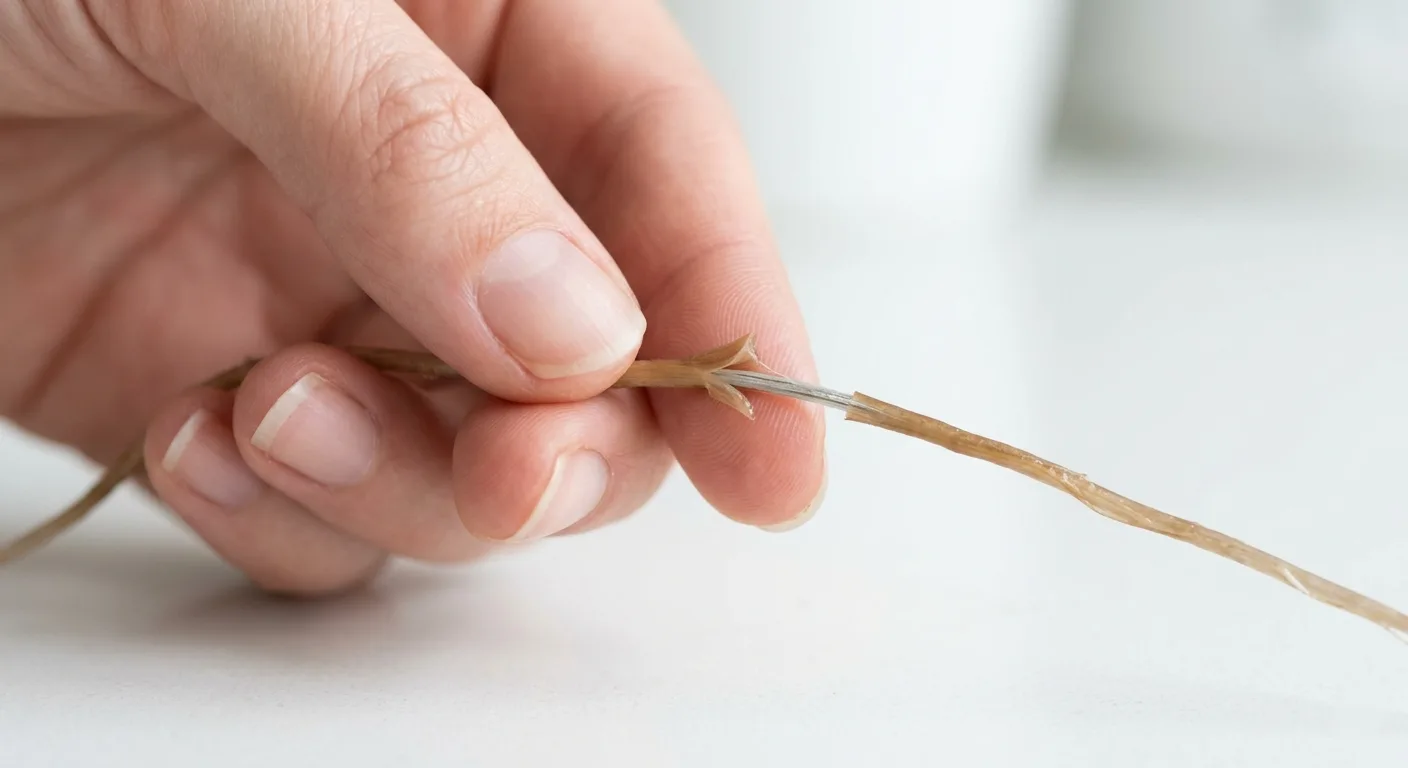 Feminine hand pinching a brown hydroponic root strand between thumb and index finger showing the outer sheath sliding off to reveal a thin inner thread, the classic sign of active Pythium root rot