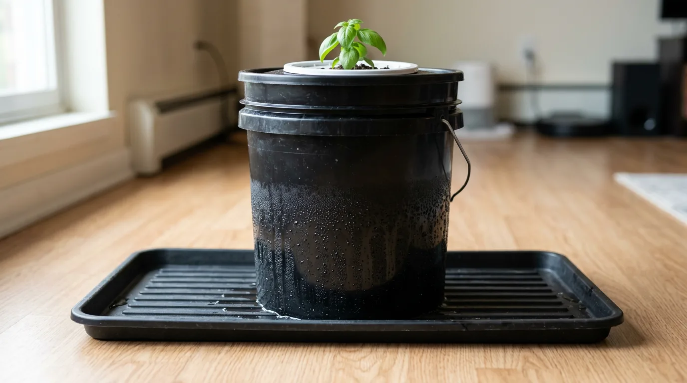 Hydroponic DWC bucket on a rubber boot tray showing condensation on the outside of the container