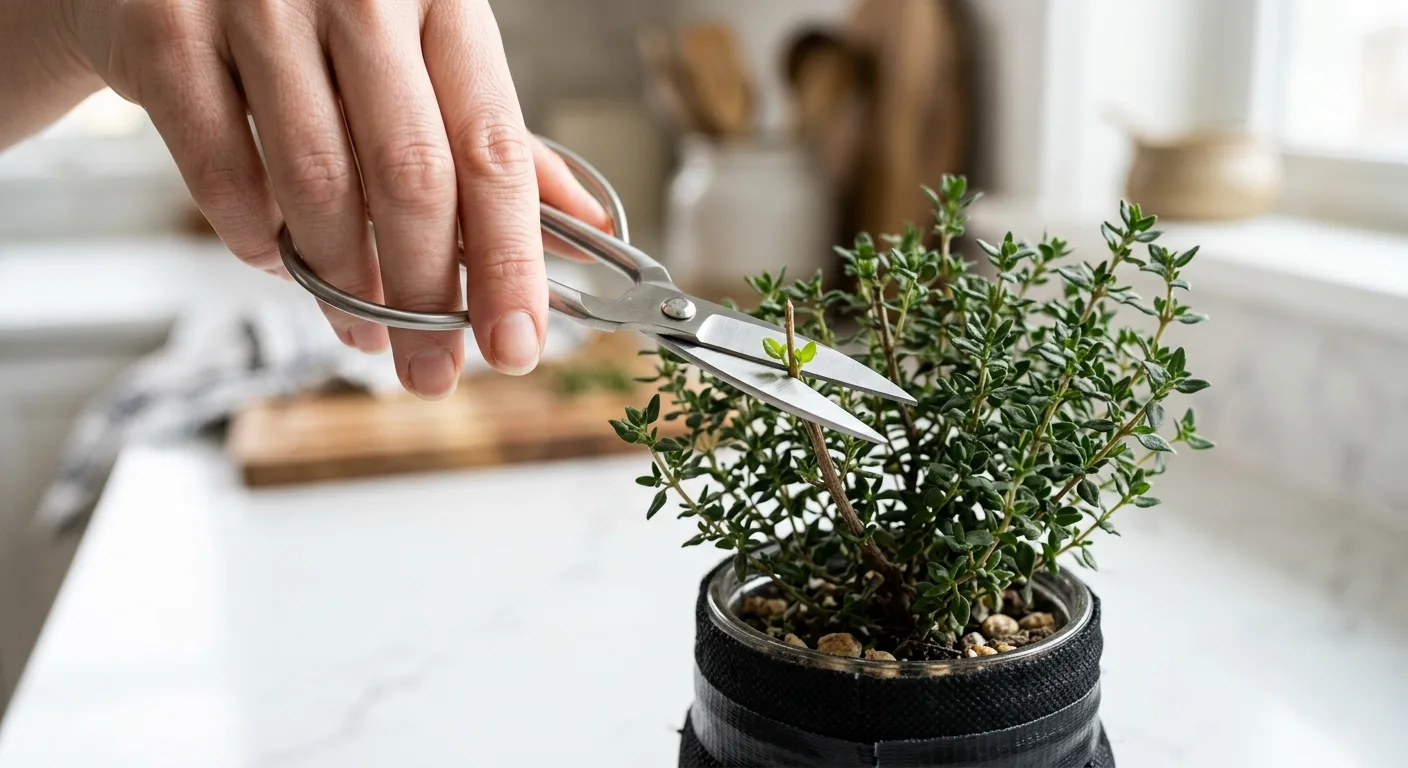 Feminine hand holding small scissors positioned to snip a thyme stem just above a visible leaf node on a compact hydroponic thyme plant in a black mason jar