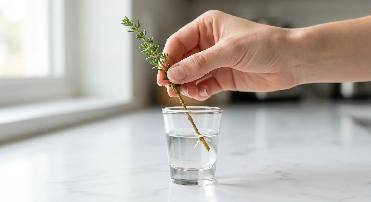 Feminine hand placing a 45-degree cut thyme stem with stripped lower leaves into a small glass of plain water to root before moving to a Kratky hydroponic jar
