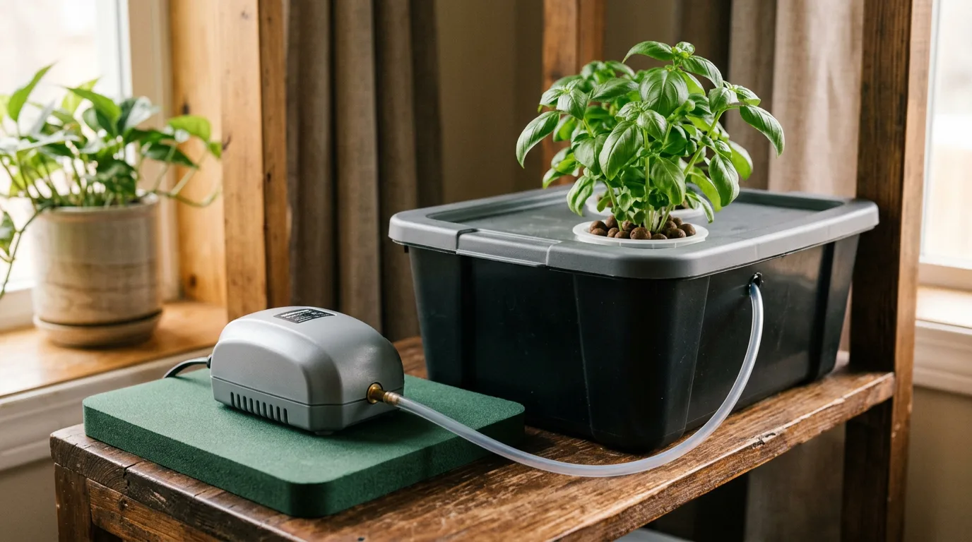 Small aquarium air pump sitting on a foam mousepad on a shelf next to a hydroponic tote