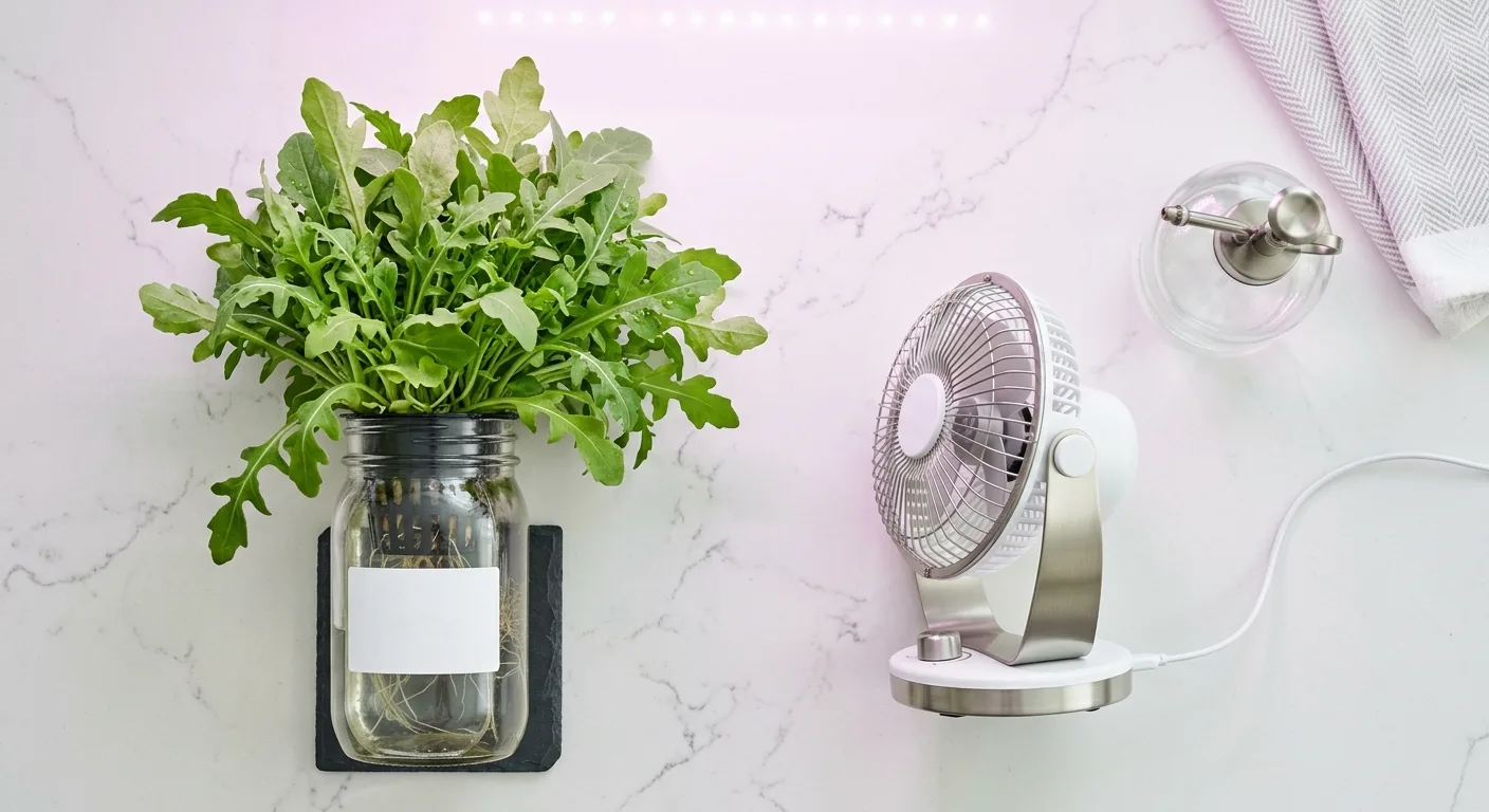 Small USB desk fan pointed toward a mason jar hydroponic arugula setup with bushy green leaves under a soft LED grow light on a white kitchen counter