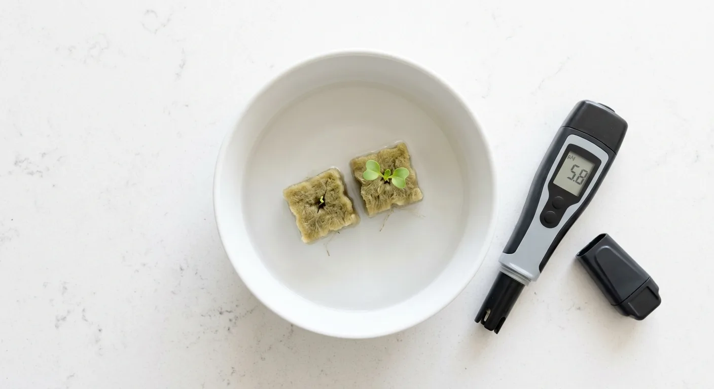Two rockwool cubes soaking in a bowl of pH-adjusted water beside a digital pH meter on a kitchen counter with a tiny arugula seedling emerging from one cube