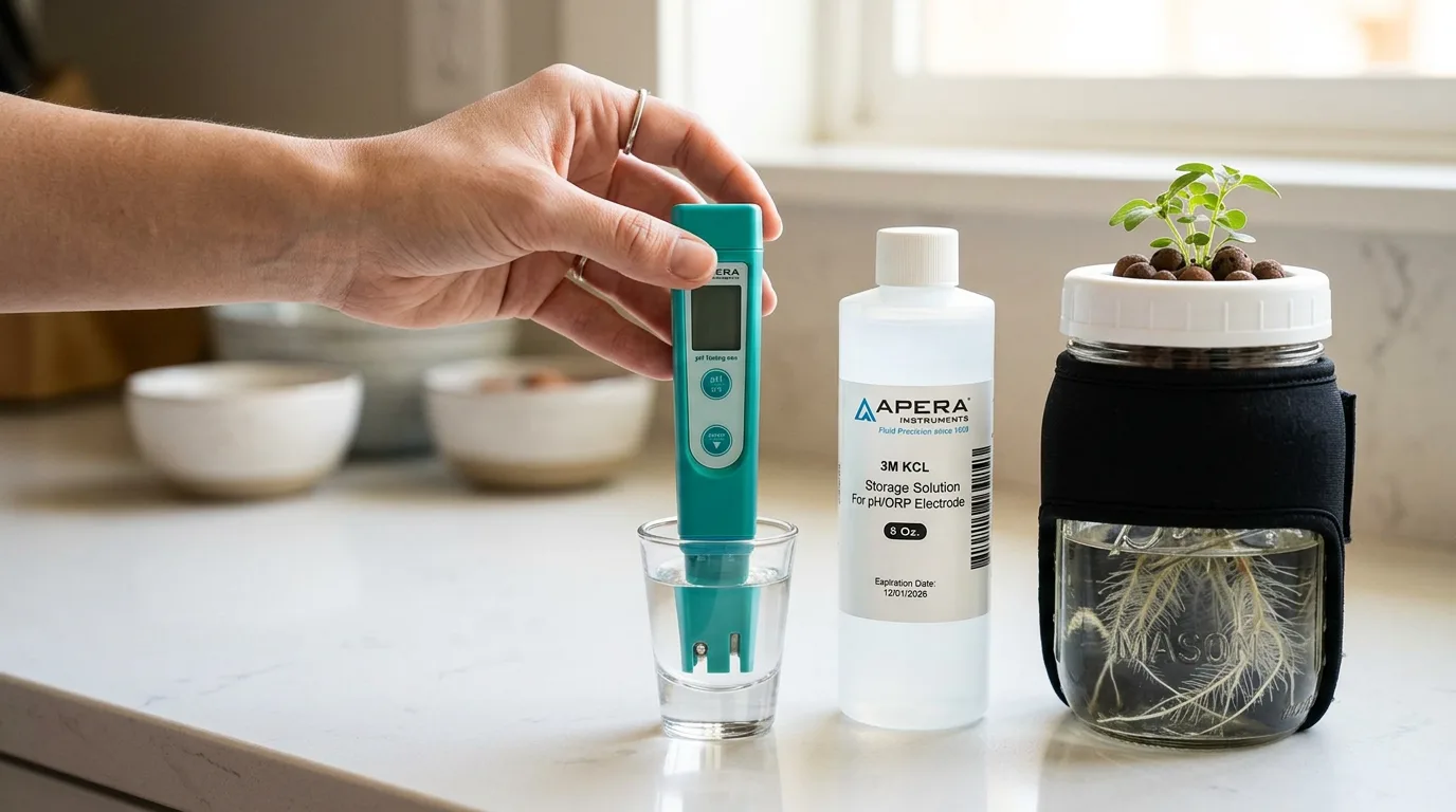 Digital pH pen standing upright in a small cup of KCl storage solution beside a hydroponic mason jar