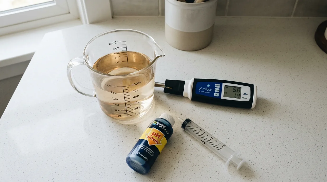 A digital pH and EC combo meter beside a glass pitcher of mixed hydroponic nutrient solution, with a pH Down bottle and labeled syringe nearby, showing the final testing step after mixing two part nutrients