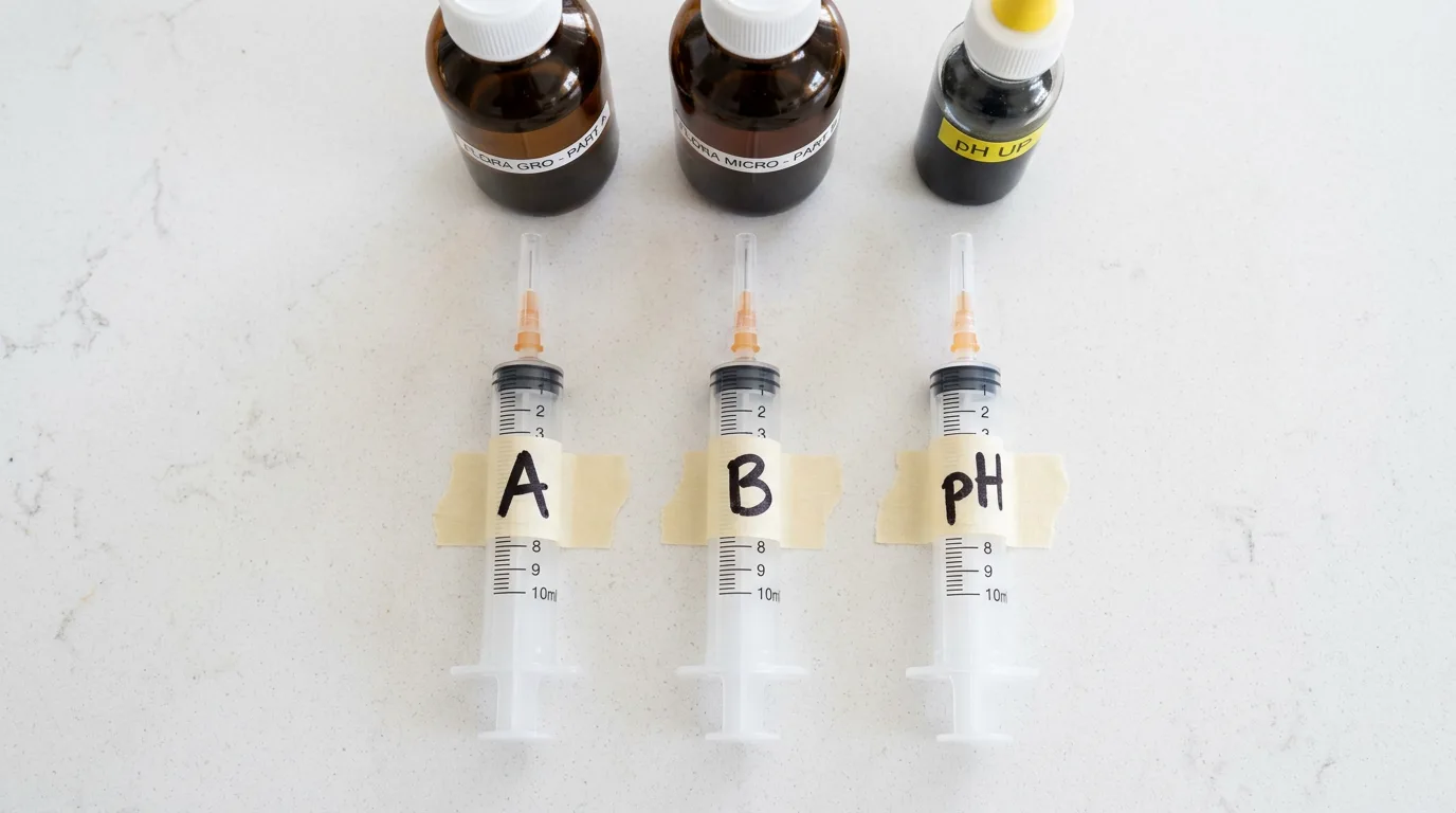Three labeled plastic syringes marked A, B, and pH lying on a kitchen counter next to small hydroponic nutrient bottles, used for precise small-jar nutrient dosing