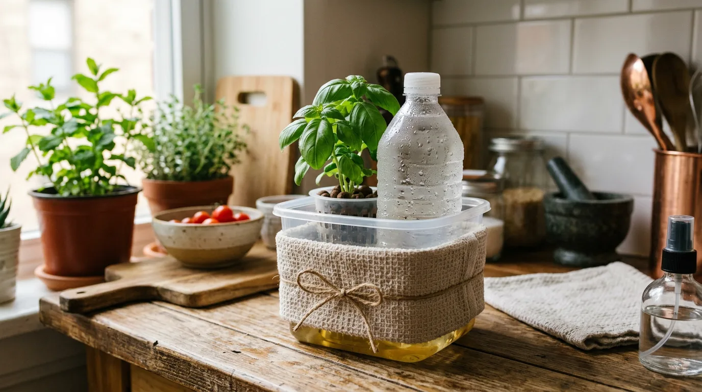 Sealed frozen water bottle inside a small hydroponic reservoir to cool the nutrient solution