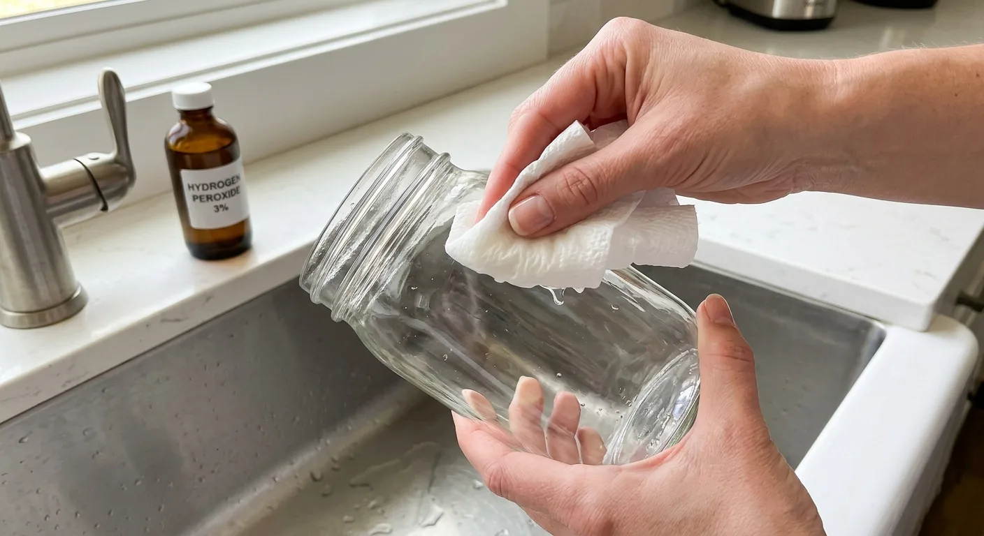 Feminine hand pressing a hydrogen-peroxide-soaked paper towel against the inner glass wall of a tilted quart mason jar to sterilize it after a root rot infection before refilling with fresh nutrients
