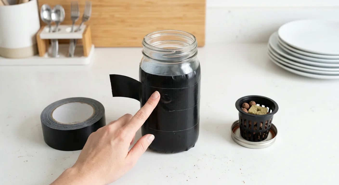 Feminine hand pressing black duct tape flat against a quart mason jar to block light and prevent algae growth in a Kratky hydroponic thyme setup