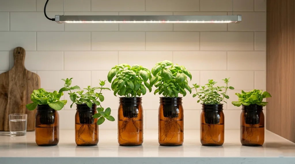 Hydroponic herb shelf lighting layout with basil, mint, and lettuce in mason jars under an LED bar on an apartment kitchen counter