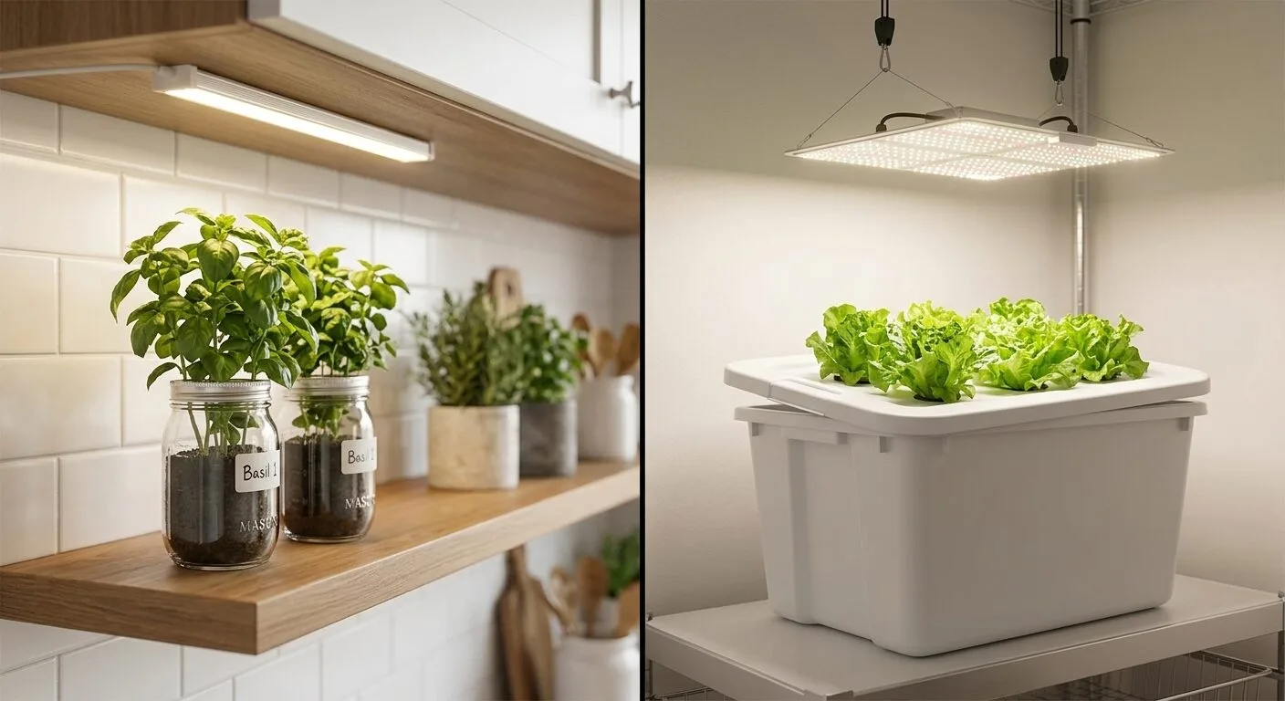 Side-by-side view of a 24-watt LED bar over two small Kratky herb jars on the left and a 100-watt square LED panel over a large DWC lettuce tote on the right