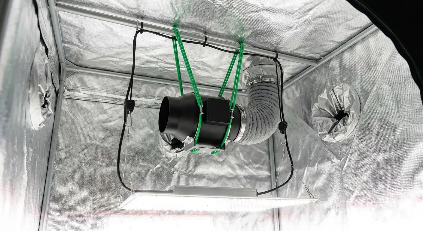A 4-inch inline exhaust fan suspended by bungee cords from the top crossbar inside a small grow tent, with flexible ducting running out through a top duct port
