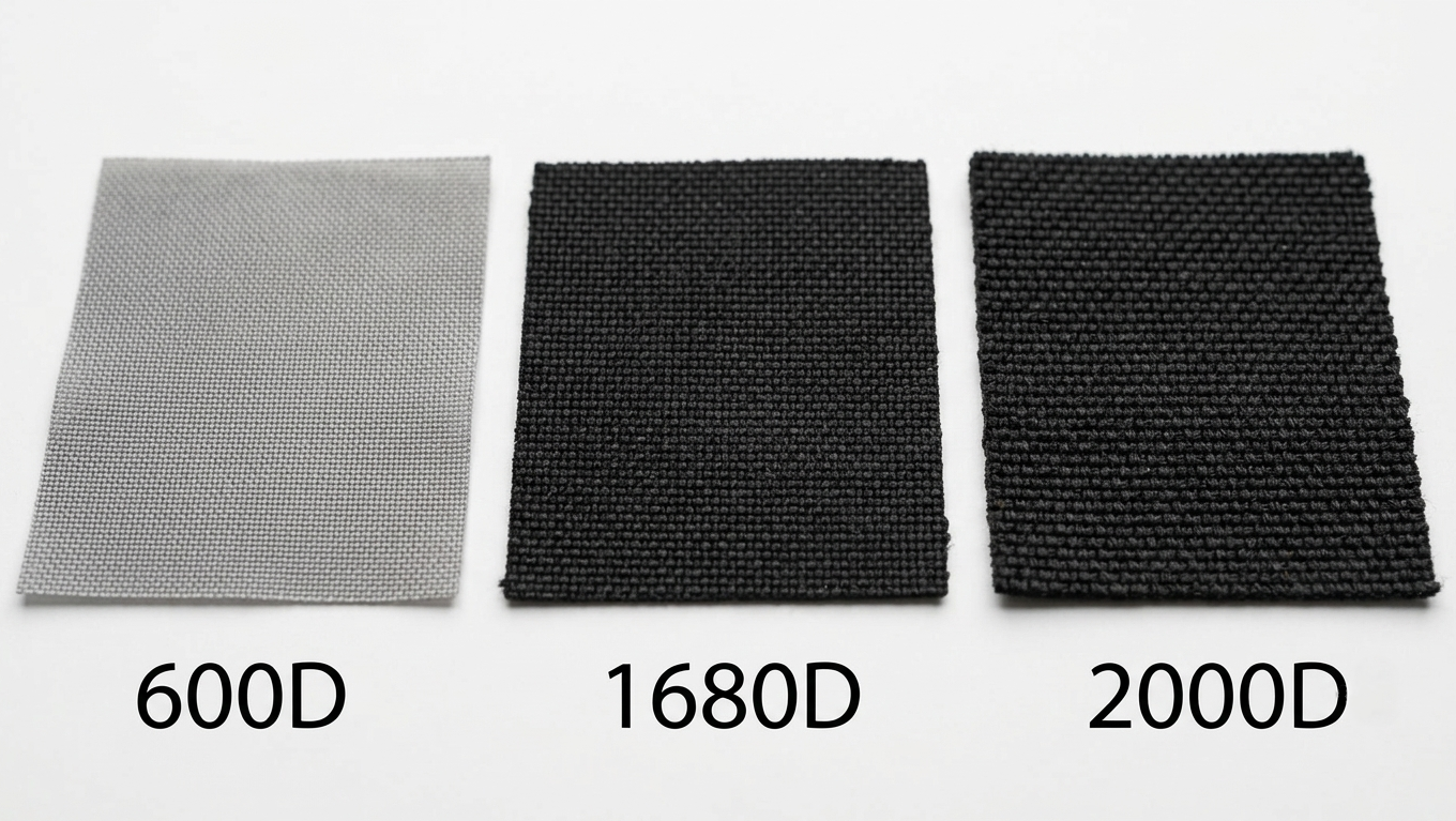 Three side-by-side fabric swatches showing the visible thickness difference between 600D, 1680D, and 2000D grow tent canvas material.