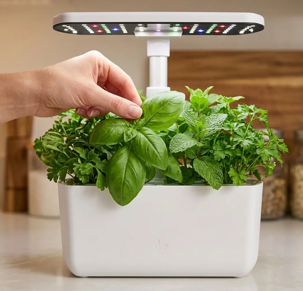 AeroGarden Harvest Lite on an apartment kitchen counter with lush basil and herb plants under its LED grow light