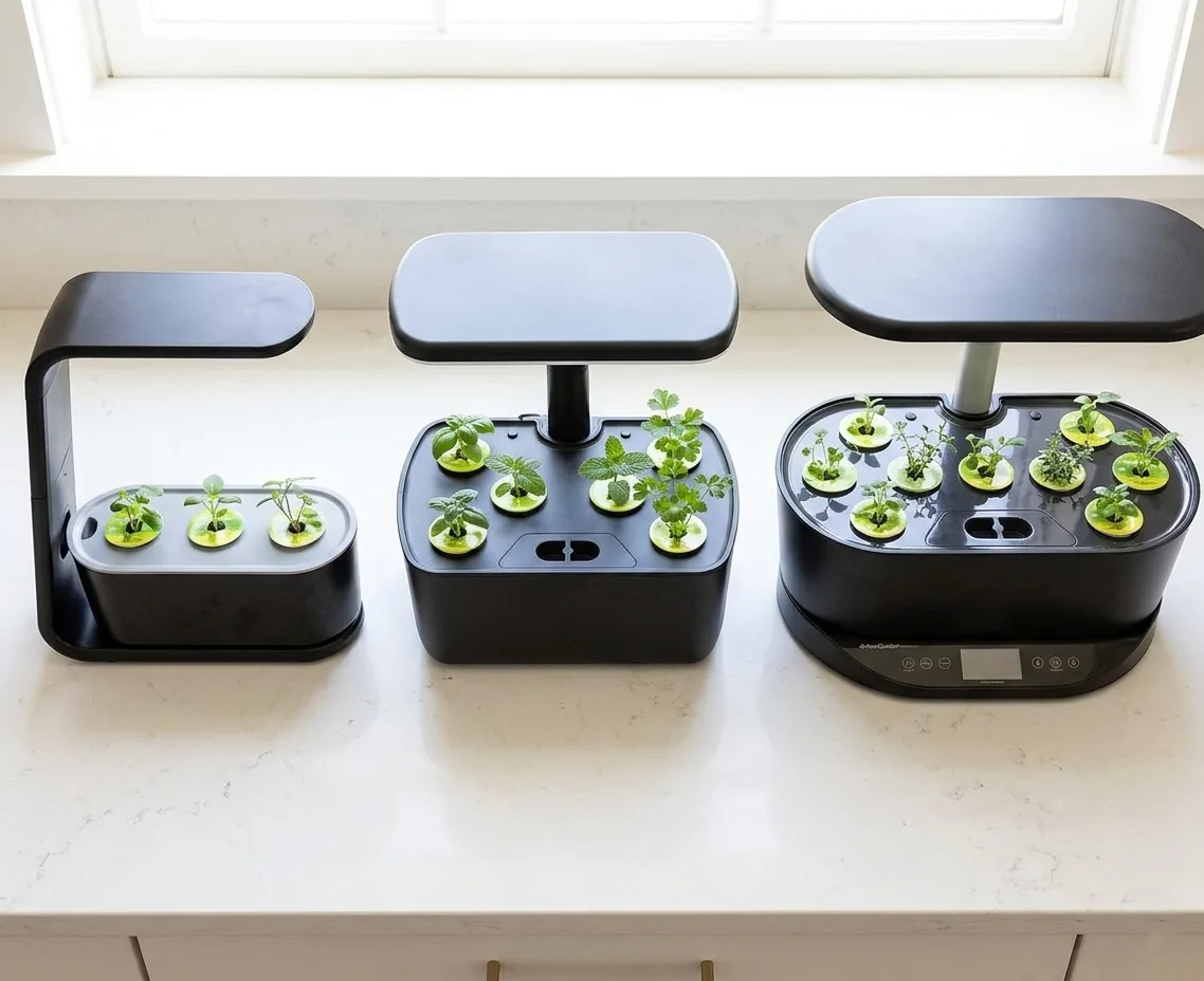 AeroGarden Sprout, Harvest Lite, and Bounty Basic side by side on a kitchen counter