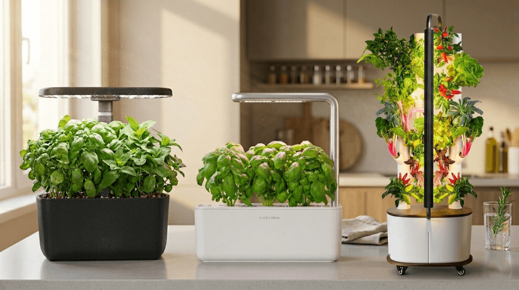 Three smart indoor garden systems side by side on an apartment kitchen counter — AeroGarden, Click and Grow, and Gardyn