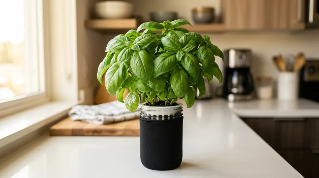 Close-up of basil leaves in a hydroponic Kratky jar showing sticky honeydew residue from aphids