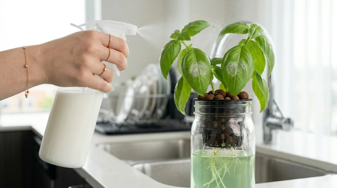 milk-spray-powdery-mildew-hydroponic-basil.jpg
ALT TEXT : Hand spraying a milk and water mixture onto a hydroponic basil plant in a kitchen sink