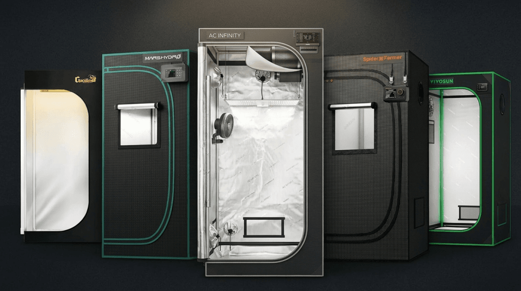 Five small grow tents side by side including AC Infinity CLOUDLAB, VIVOSUN S224, Spider Farmer, MARS HYDRO, and Gorilla Grow Tent for apartment hydroponics comparison