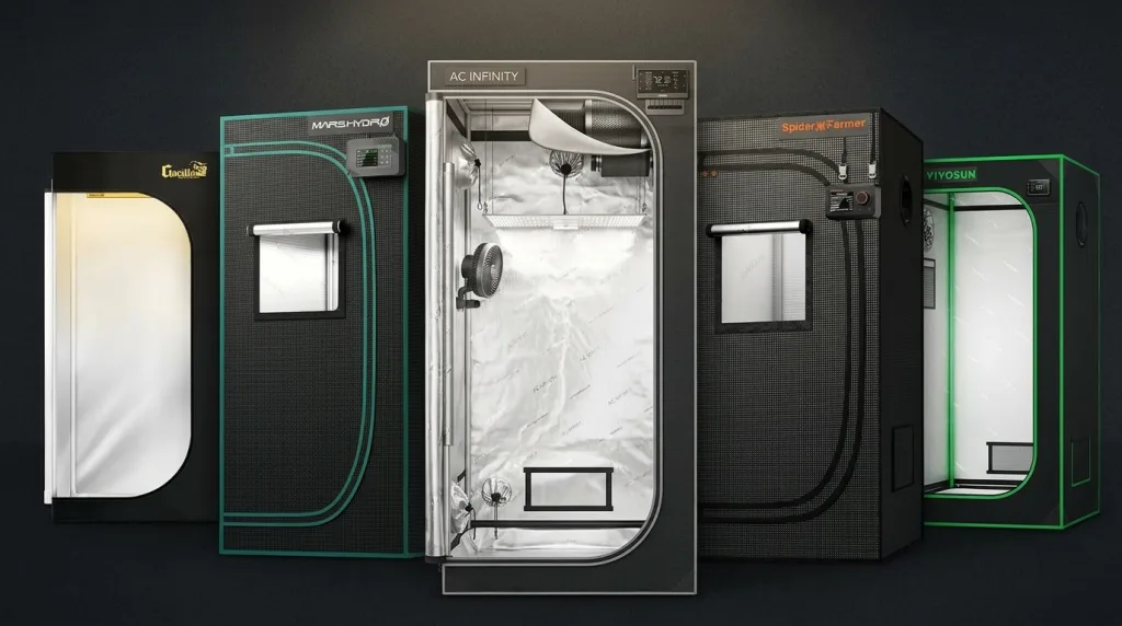 Five small grow tents side by side including AC Infinity CLOUDLAB, VIVOSUN S224, Spider Farmer, MARS HYDRO, and Gorilla Grow Tent for apartment hydroponics comparison