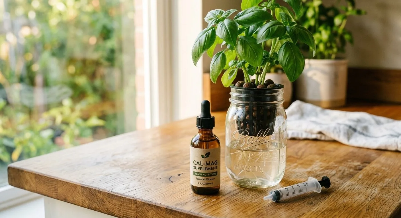 Brown dropper bottle of Cal-Mag supplement beside a Kratky mason jar with a green herb plant growing from a net cup