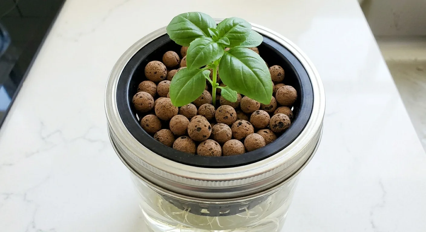 Top view of a net cup filled with tan LECA clay pebbles covering rockwool, with a small herb seedling growing through the center