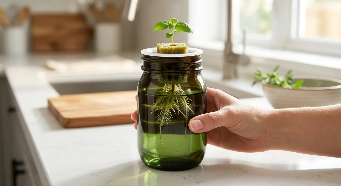 Clean mason jar hydroponic reservoir with fresh nutrient solution and white feathery roots after aphid outbreak cleanup