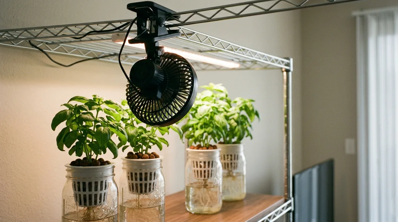 Small USB clip-on fan attached to a grow light shelf above hydroponic basil jars to improve airflow