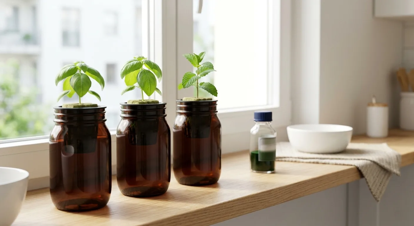Three dark mason jar Kratky hydroponic setups with herb seedlings on a kitchen shelf