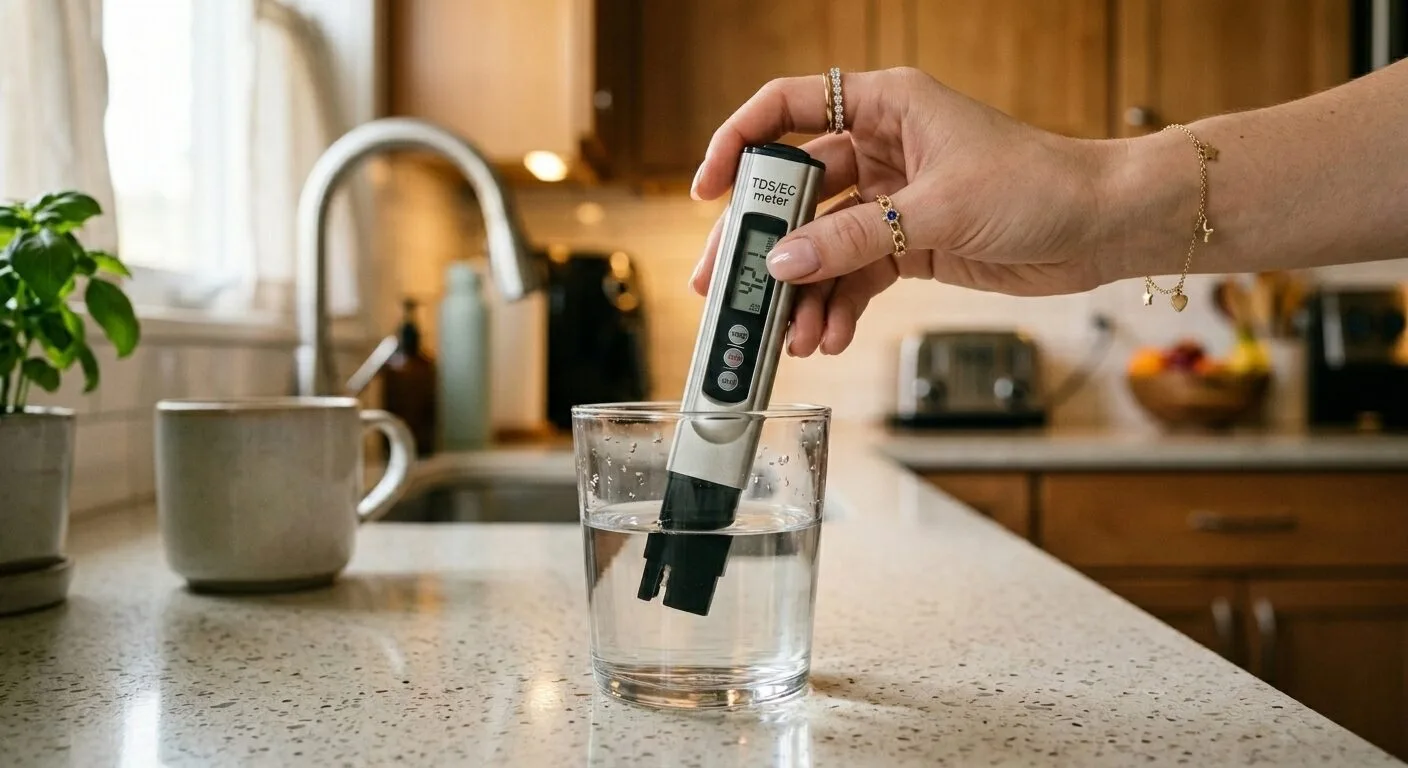 Hand dipping a digital EC meter into a glass of tap water to measure dissolved solids before hydroponics use