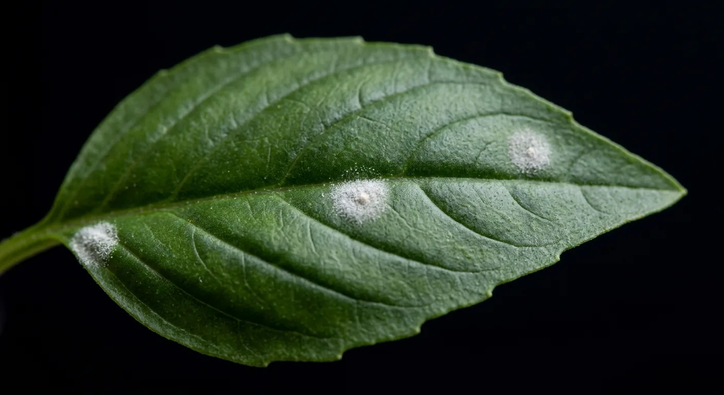 Close-up of early white powdery mildew patches on the top surface of a basil leaf