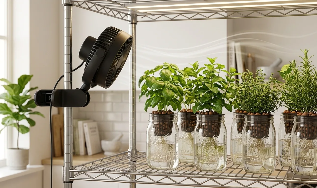 Correct clip-on fan angle on a hydroponic herb shelf showing airflow above the plant canopy