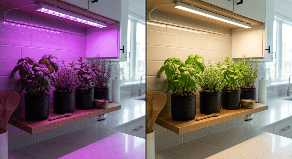 Side-by-side comparison of a blurple red blue grow light versus a white full spectrum LED over apartment hydroponic herbs