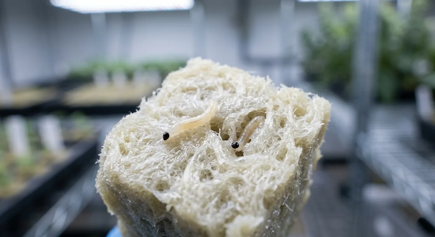 Close-up of translucent fungus gnat larvae with black heads visible inside wet rockwool grow media