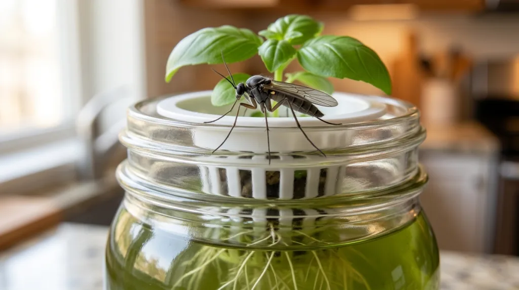 Adult fungus gnat perched on the rim of a Kratky mason jar with basil growing inside