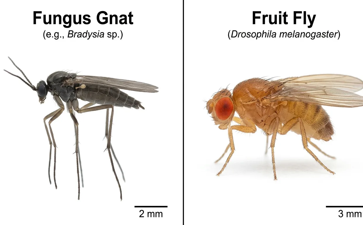 Side-by-side comparison showing adult fungus gnat versus fruit fly body shape and color differences